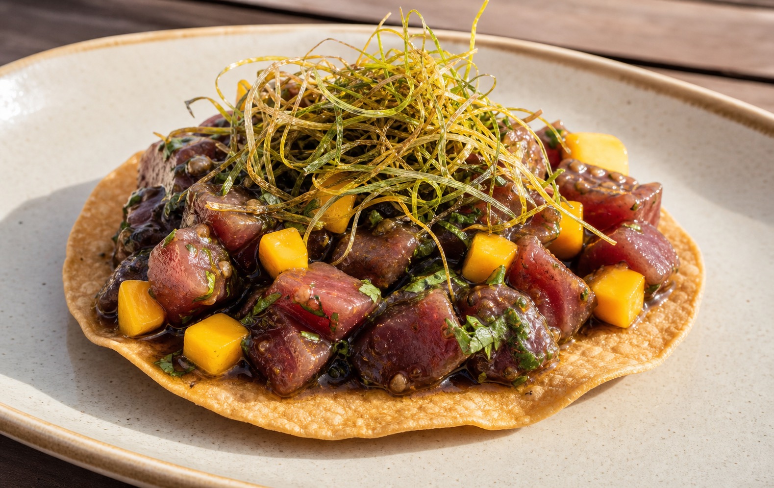 Barra Sina: tostada de ceviche de atún en salsas negras con mango y poro frito