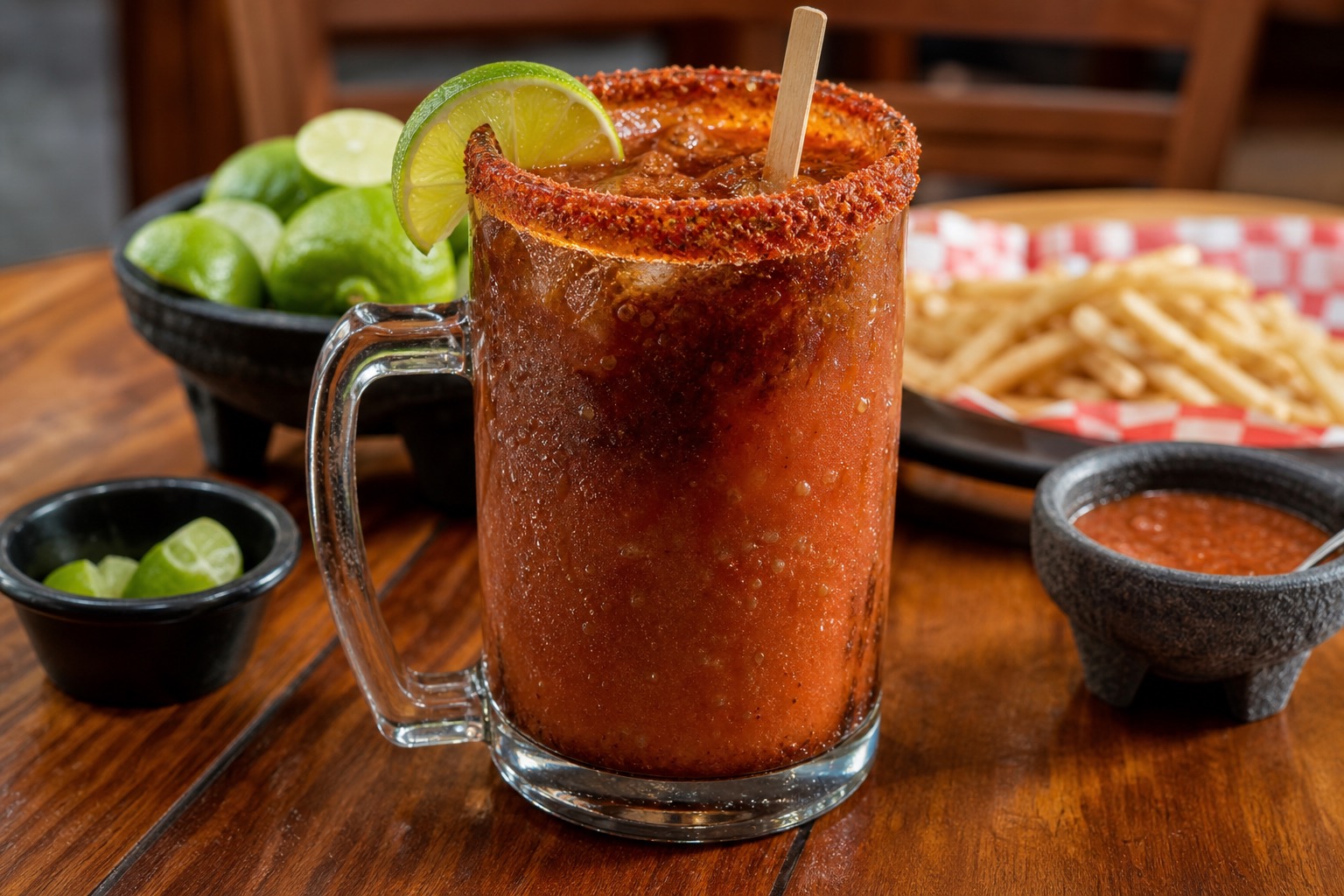 Cerveza preparada con Clamato, salsas, caldo de camarón y escarchado con chamoy